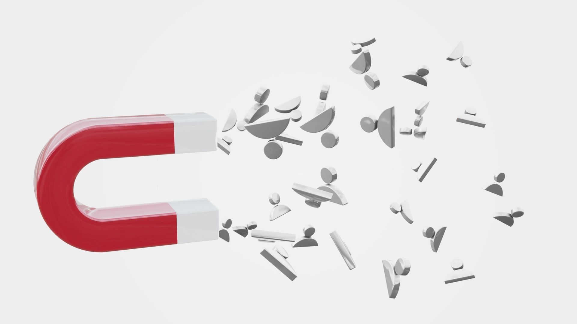 Aimant rouge attirant des figurines, pour symboliser la force d'attraction de leads de l'Inbound marketing