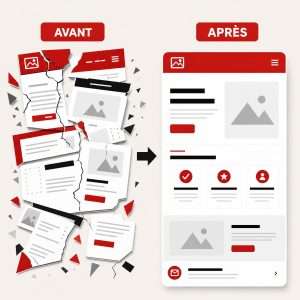 Illustration symbolique d'une refonte de site web : passage d'une structure chaotique à un design moderne, organisé et performant.
