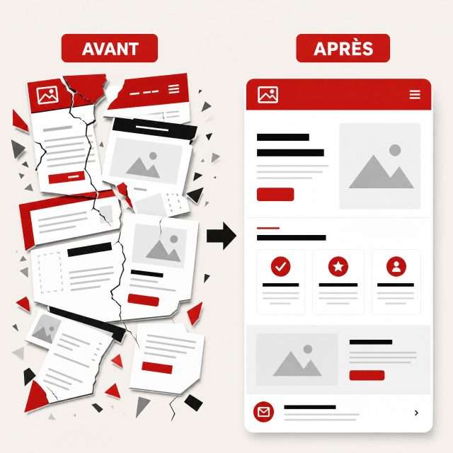 Illustration symbolique d'une refonte de site web : passage d'une structure chaotique à un design moderne, organisé et performant.